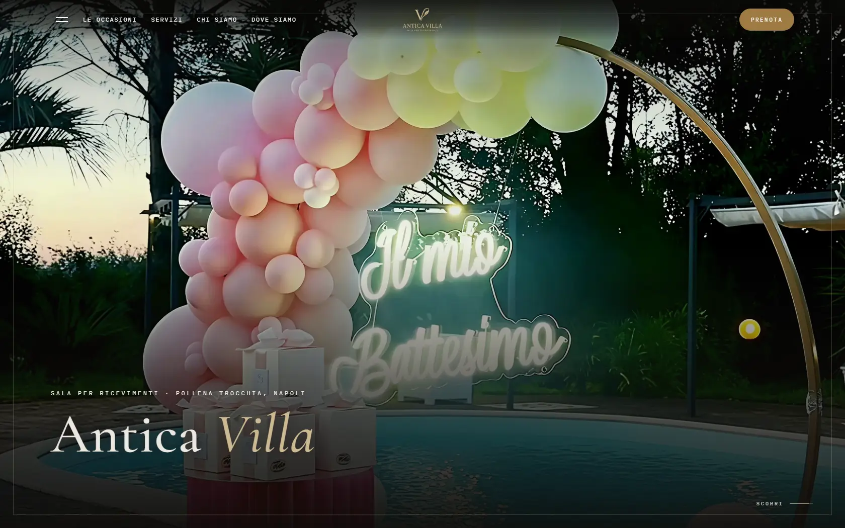 Homepage del sito di Antica Villa, location per eventi a Napoli